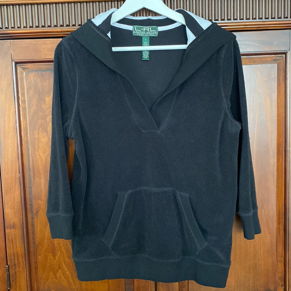 Ralph Lauren Active hooded terry kangaroo pullover striped hood 3/4 sleeve Sz S